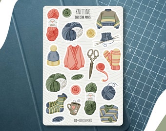 Knitting Sticker Sheet - for planners, journals, and notebooks, gift for her, gift for him, cozy, yarnspiration,  introvert, craft, yarn