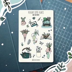 May include: A sheet of stickers featuring illustrations of plants, a cassette tape, a typewriter, a teapot, a lamp, and a book. The stickers are white with black outlines and green, pink, and blue accents. The text "Perhaps Some Plants" and "Dark Star Prints" is at the top of the sheet.