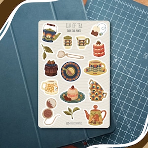 Feuille d'autocollants tasse de thé - pour les planificateurs, journaux et cahiers, cadeau pour elle, cadeau pour lui, heure du thé, feuilles de thé, théière, tasse à thé, rétro