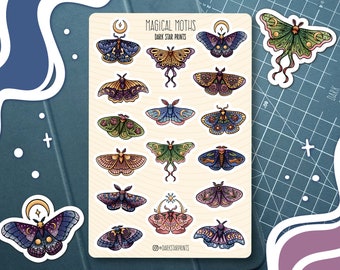 Magical Moths Sticker Sheet - for planners, journals, and notebooks, gift for her, gift for him, bullet journal, nature, butterfly, cottage