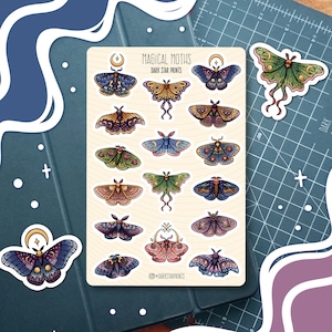 Magical Moths Sticker Sheet - for planners, journals, and notebooks, gift for her, gift for him, bullet journal, nature, butterfly, cottage