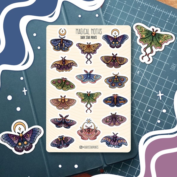 Magical Moths Sticker Sheet - for planners, journals, and notebooks, gift for her, gift for him, bullet journal, nature, butterfly, cottage