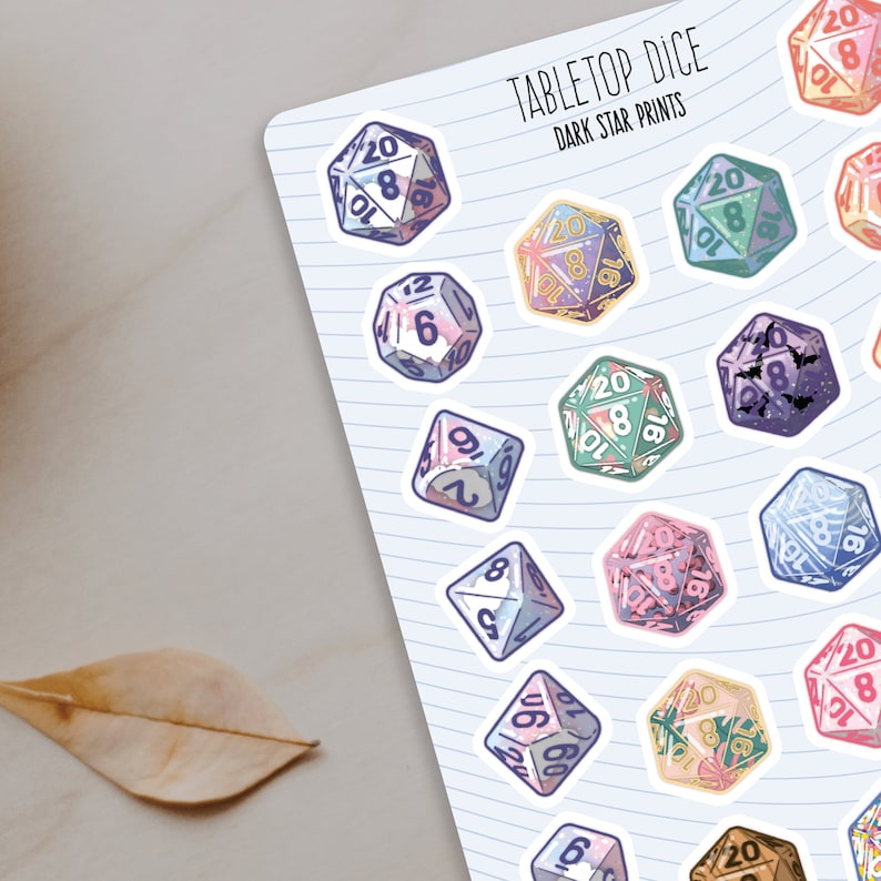 Tabletop Dice Sticker Sheet - for planners, journals, and notebooks, DND, gift for her, gift for him, gift for game master, GM