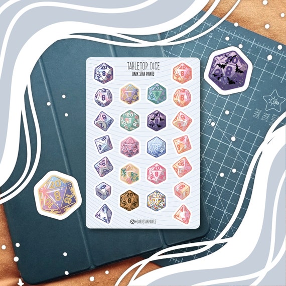 Tabletop Dice Sticker Sheet - for planners, journals, and notebooks, DND, gift for her, gift for him, gift for game master, GM