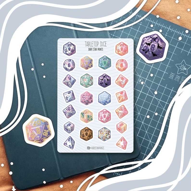 Tabletop Dice Sticker Sheet - for planners, journals, and notebooks, DND, gift for her, gift for him, gift for game master, GM