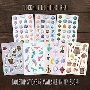May include: A set of ten colorful sticker sheets featuring various tabletop role-playing game (TTRPG) themed illustrations. The sheets include dice, potions, hands, adventuring gear, and a dungeon master's pack. The text on the sheets reads "Tabletop Dice", "Adventuring Gear", "Mage Hands", "Magic Potions", and "Dungeon Master's Pack".