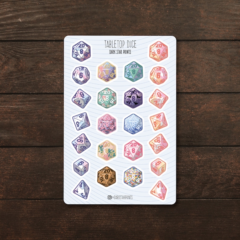 Tabletop Dice Sticker Sheet - for planners, journals, and notebooks, DND, gift for her, gift for him, gift for game master, GM