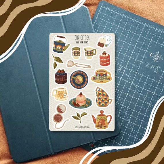 Cup Of Tea Sticker Sheet - for planners, journals, and notebooks, gift for her, gift for him, tea time, tea leaves, tea pot, tea cup, retro