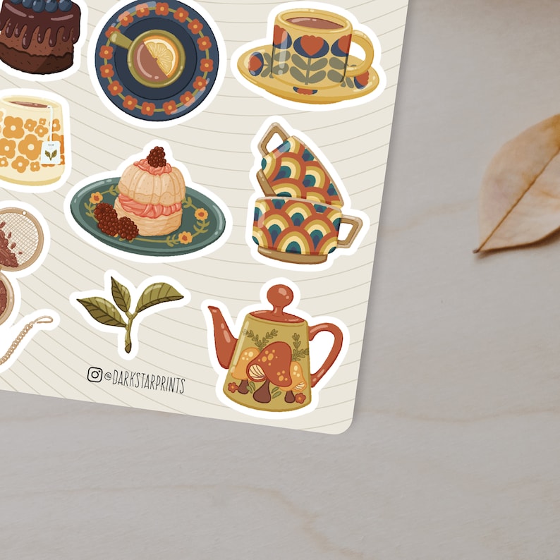 May include: A set of 10 colourful retro-style stickers featuring teacups, teapots, pastries, and tea leaves. The stickers are perfect for adding a touch of vintage charm to your planner, laptop, or water bottle.