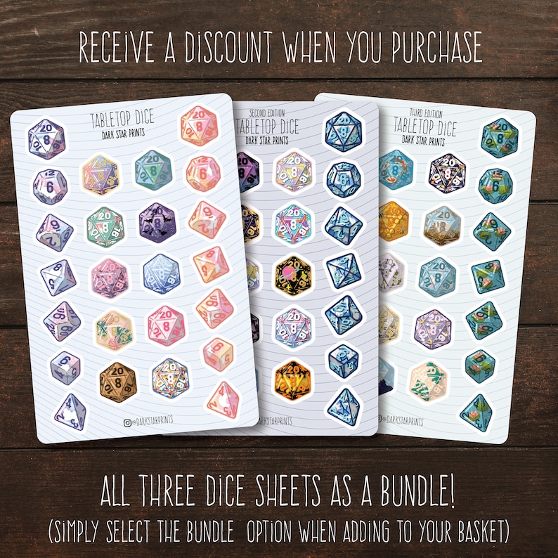 Tabletop Dice Sticker Sheet - for planners, journals, and notebooks, DND, gift for her, gift for him, gift for game master, GM