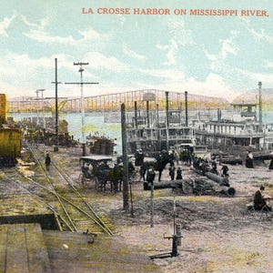 Cartão postal: Vista inicial do porto de La Crosse no rio Mississippi, La Crosse, Wisconsin. Z1