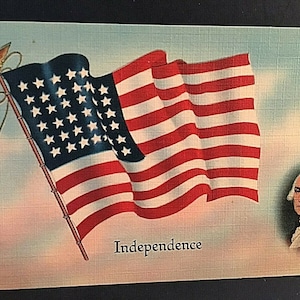 Cartão Postal Independência, Bandeira Americana e George Washington. T5