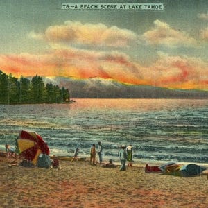 Vista de postal de una escena de playa al atardecer en el lago Tahoe, CA. aa6