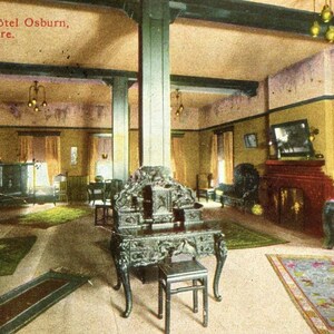 Postkarte mit früher Ansicht des Teeraums im Hotel Osburn in Eugene, OR. L6