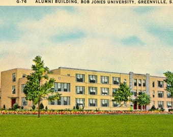 Postkarte mit früher Ansicht des Alumni-Gebäude, Bob Jones Universität, Greenville, SC.