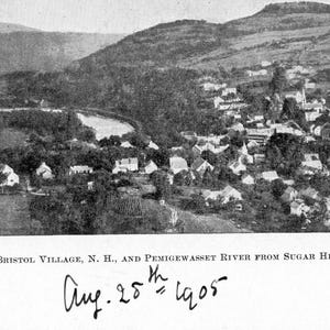 Cartão postal antigo com vista da vila de Bristol e do rio de Sugar Hill, NH. L3