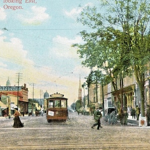 Postkarte Frühe Straßenansicht von Trolley auf der State Street in Salem, OR. L4