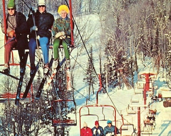 Postcard 1960s View of Skiers on a Ski Lift in Michigan's Winter Wonderland.     A1