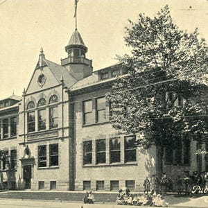 May include: Vintage black and white postcard of Public School No. 5 in Olean, NY. The school building is a large, multi-story brick structure with numerous windows, a central tower, and a flagpole. Trees and people are visible in front of the school.