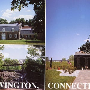 Cartão postal 4 x 6 com múltiplas vistas de pontos turísticos em Newington, CT.