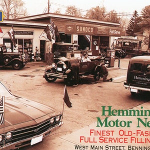 Cartão postal Vista 4 x 6 de um posto de gasolina Full Device Sunoco em Bennington, VT.   Z1