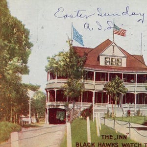 Carte postale Première vue de l'auberge de la tour de guet des Black Hawks, Rock Island, Illinois. K