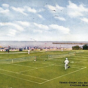 Carte postale 1910 Vue du court de tennis et de la plage, hôtel de plage de Chicago, Chicago, Illinois.