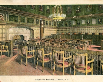 May include: Vintage postcard depicting the interior of the Court of Appeals in Albany, N.Y. The image shows a large room with rows of wooden chairs, a raised platform, and portraits on the walls. The text at the bottom reads "COURT OF APPEALS. ALBANY, N. Y."