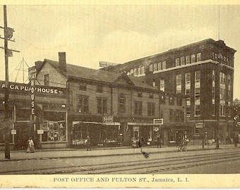 Cartão postal RPPC Vista dos Correios e Fulton Street em Jamaica, LI, NY. S7