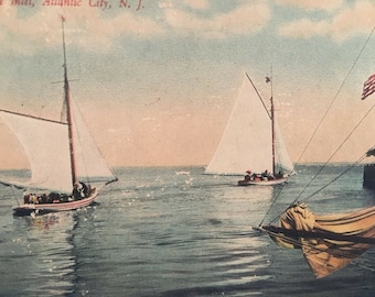 Postcard Hand-Colored - Off For A Sail, The Inlet, Atlantic City, NJ 1908 Y1