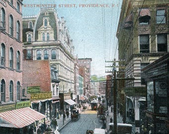Postal con vista de calle antigua, carruajes de caballos en la calle Westminster, Providence, Rhode Island. A8