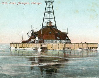May include: Vintage postcard of the 12th St. Crib in Lake Michigan, Chicago. The image shows a structure with a brown roof and a tall metal tower, surrounded by water and ice. The text "12th St. Crib, Lake Michigan, Chicago" is at the top.