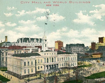Postal antigua con vista del Ayuntamiento y los edificios del World Trade Center, Nueva York, NY. A8