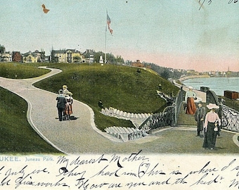 Postkarte Antike Ansicht des Juneau Park in Milwaukee, WI. S6