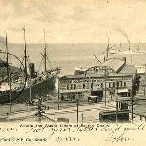 Carte postale de 1906 Vue des paquebots asiatiques et de l’Alaska aux quais de Seattle, WA. AA6