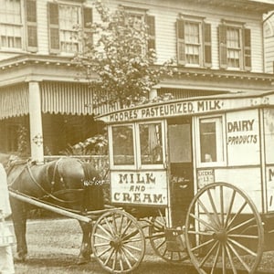 Vintage RPPC Repro Moore's Milk & Cream Pferdewagen.