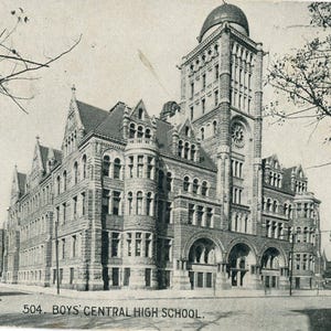 Cartão postal antigo com vista da Boys Central High School na Filadélfia, Pensilvânia. Ano 2