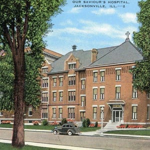 Postkarte Frühe Ansicht unseres Retter-Krankenhauses in Jacksonville, IL. L1