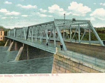 Postal antigua con vista del puente de Granite Street, Manchester, NH. A8