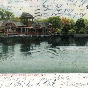 Cartão postal 1907 Vista de Boat House, Washington Park, Albany, NY. L3