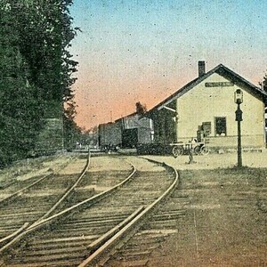 Postal coloreada a mano: Vista antigua de la estación de tren en Bantam, Connecticut. T4