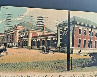 Ansichtkaart 1910 gezicht op Union RR Station in Troy, NY W9