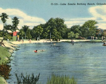 フロリダ州オーランド、エステル湖水浴場の初期の風景を写した絵葉書。B3