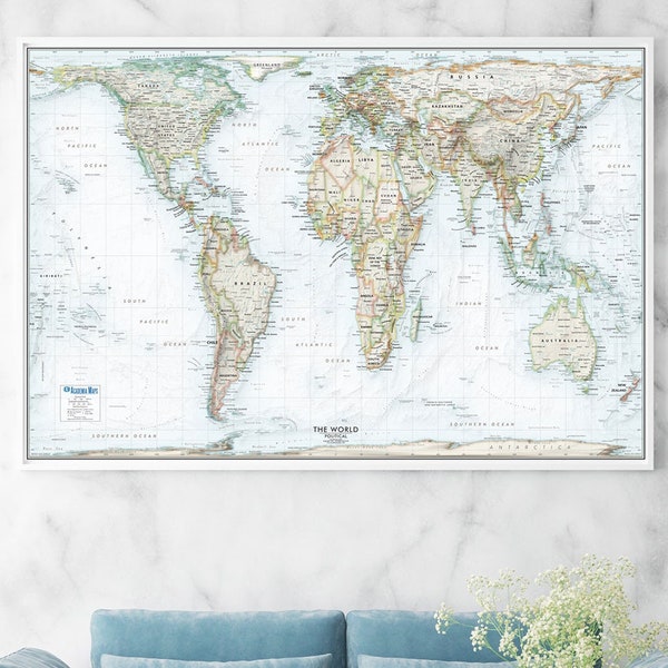 Gall Orthographic Projection World Map Wall Art Print | Blue Ocean Political Map of the World | Accurate Proportions World Map - Large Sizes