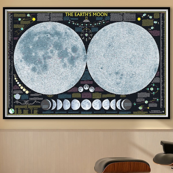 National Geographic Vintage Earth's Moon Map - Astronomy Lunar Chart | Natgeo Retro Moon Wall Map Art Poster |