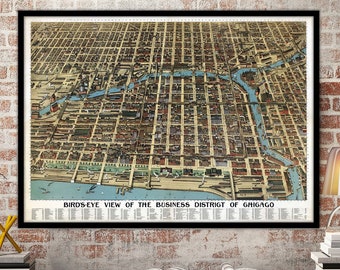 Chicago Vintage 1898 Panoramic View - Old Map of Chicago Bird's-eye View - Perspective Map | Vintage Wall Art Map Poster Print |