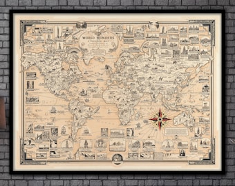 Vintage 1939 World Wonders - Canvas Art Print - Old Pictorial World Map Print - | Vintage Wall Art Map Poster - Sepia |