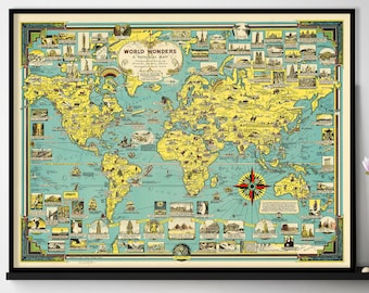 Colorful World Wonders - Vintage 1939 Old Pictorial World Map Print Illustrated by Ernest Dudley Chase - | Vintage Wall Art Map Poster |