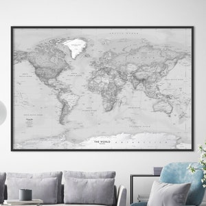 Mapa político mundial en escala de grises para pared - Impresión de póster con mapa mundial de pared grande - Mapa mundial monocromático gigante / Impresión artística en lienzo con mapa mundial