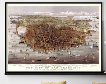 San Francisco Vintage 1878 Panoramic View - Old Map of San Francisco Bird's-eye View | Vintage Wall Art Map Poster Print |